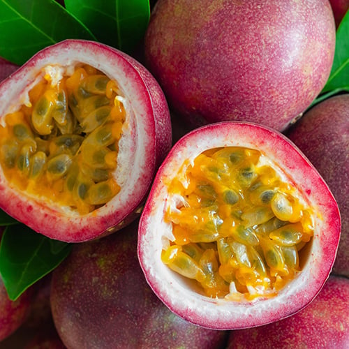 close up on half of a ripe passion fruit