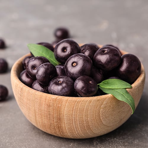 wooden bowl of fresh acai berries on gray stone table