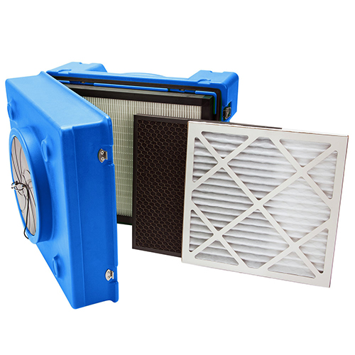 blue air purifier opened to show air filter