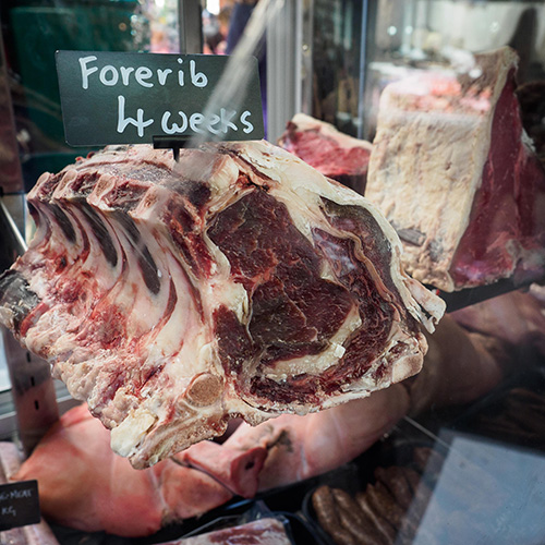 4 week dry aged steak in a butcher shop in borough market