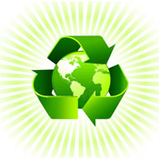 Green recycle symbol around green globe with light green rays