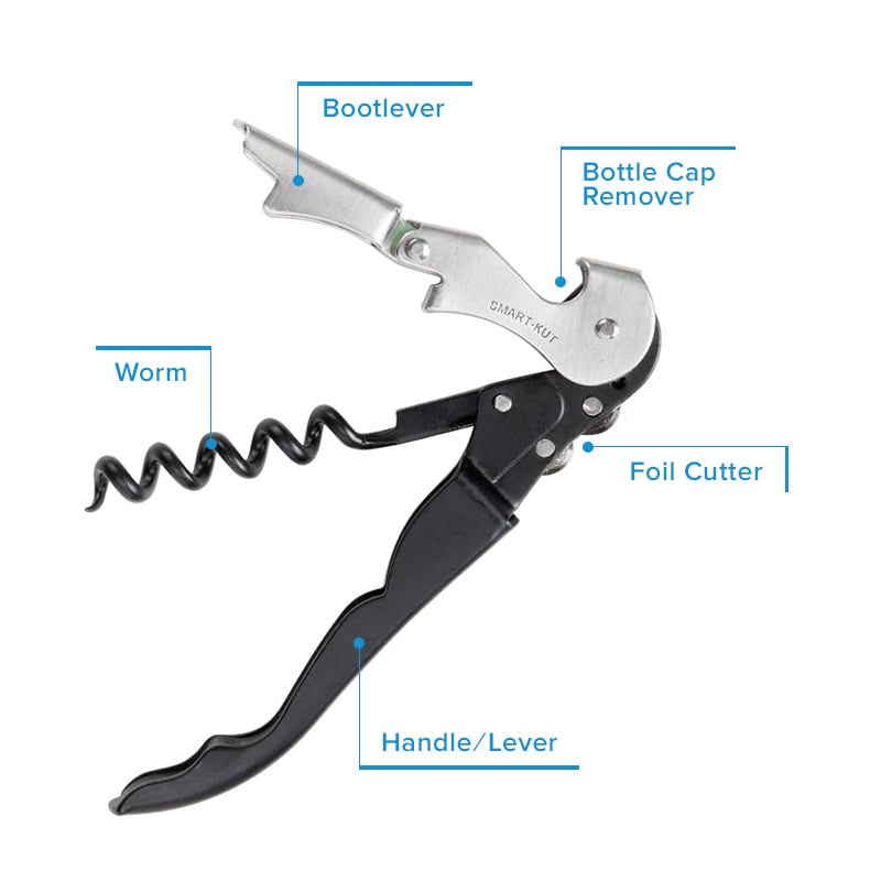 Diagram of a stainless steel corkscrew labeling the bootlever, bottle cap opener, foil cutter, handle/lever, and worm