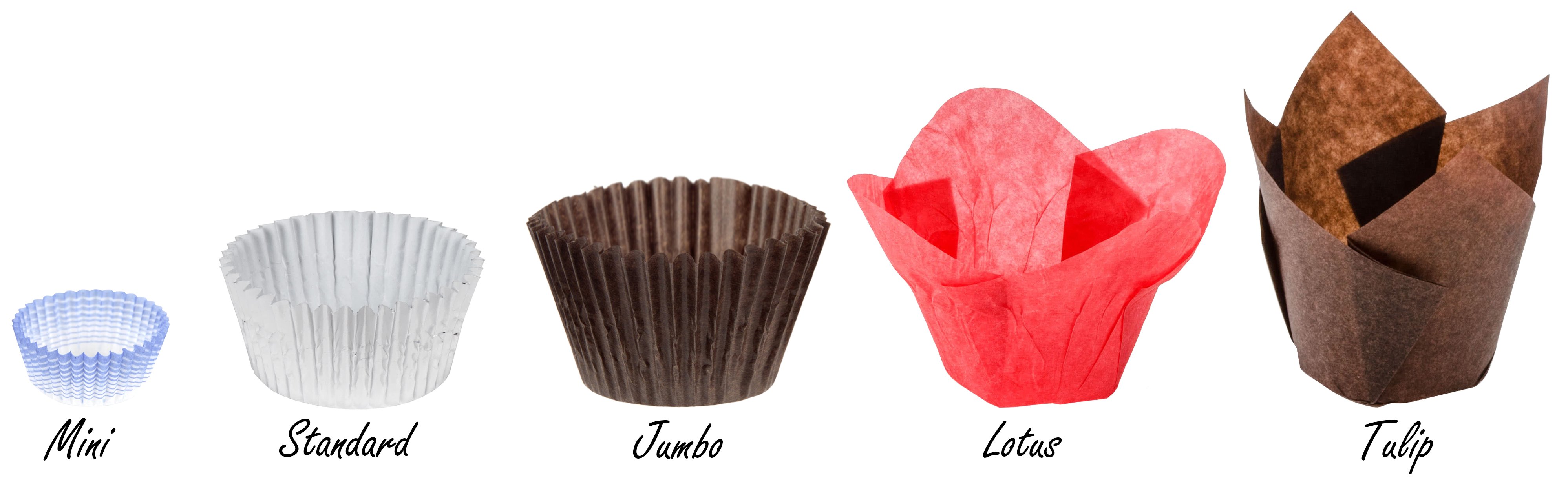 Baking cup sizes shown from mini to tulip