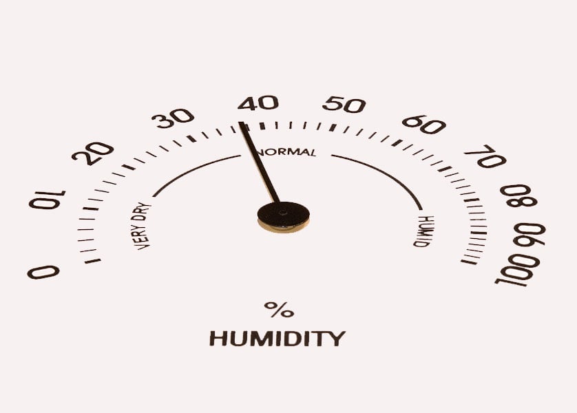 Humidity gauge pointing to 38% humidity on a scale of 0% to 100%