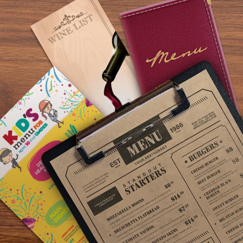 Different types of restaurant menus in a stack