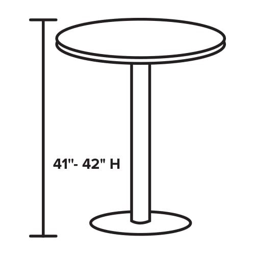 Graphic with outline of round table with arrow showing height of 41 - 42