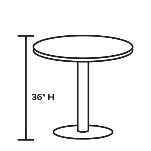 Graphic with outline of round table with bracket showing height of 36