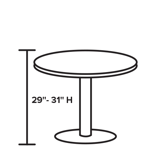 Graphic with outline of round table with bracket showing height of 29