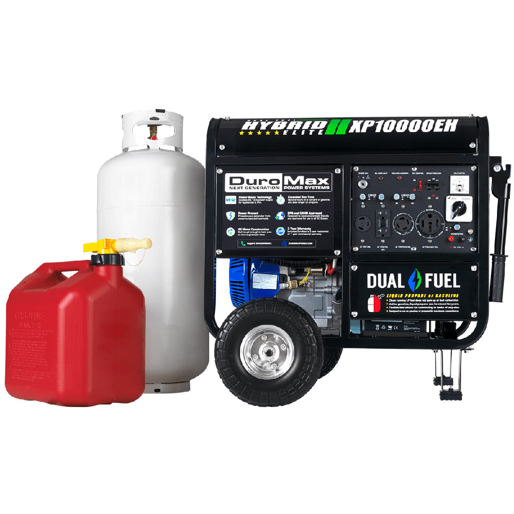 DuroMax generator with red gas can and white propane tank