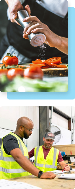 First image is a person seasoning tomatoes. Second image is workers planning out a new warehouse plan.