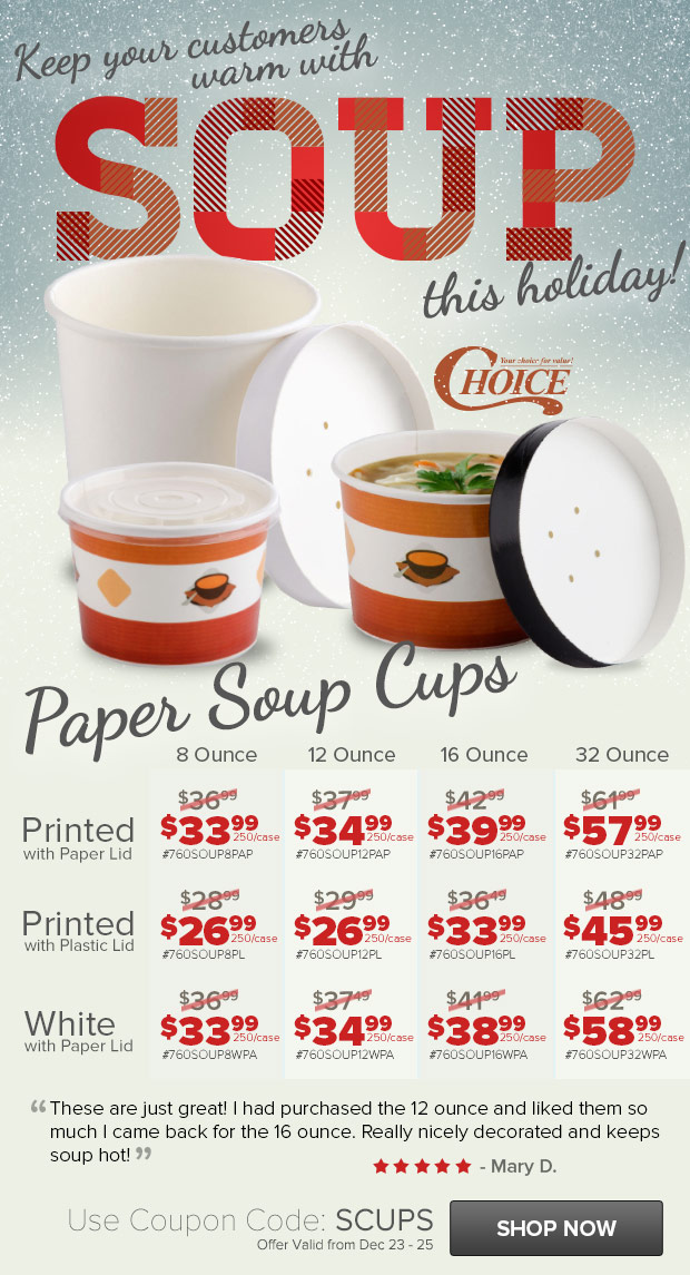 Holiday Soup Sales! Save on Paper Soup Cups and Soup Crocks! Countertop