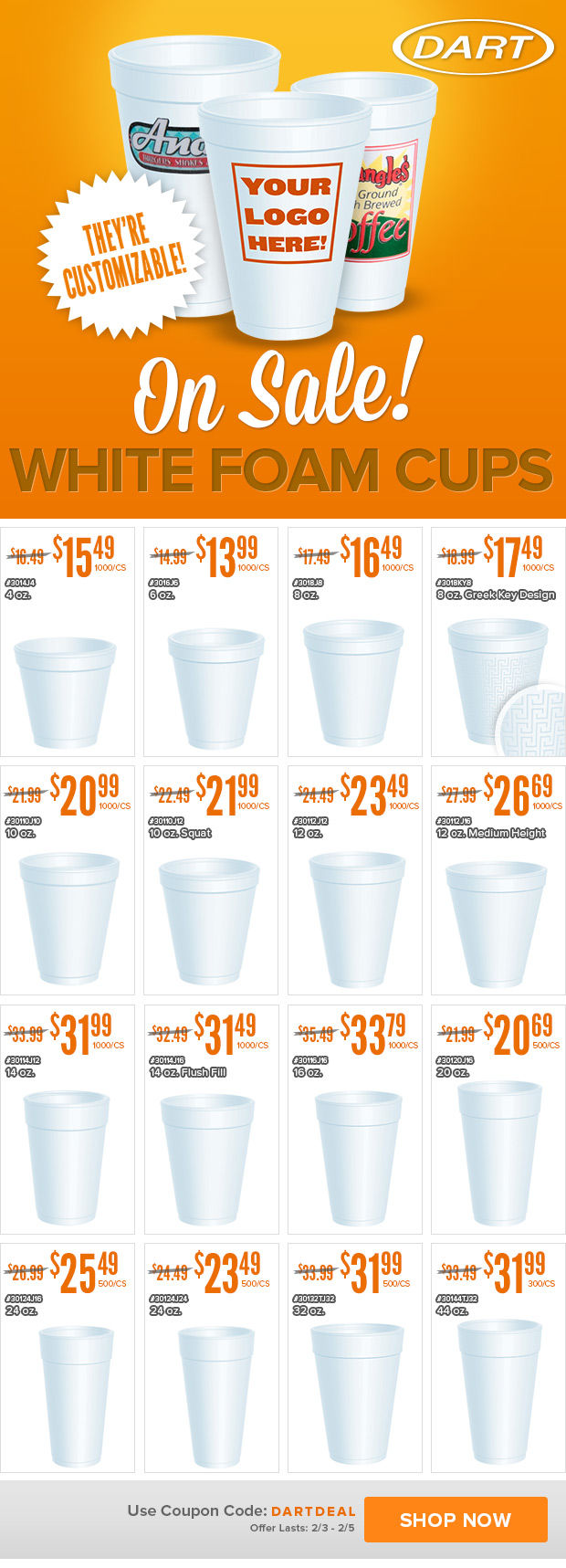 Dart Customizable White Foam Cups On Sale!