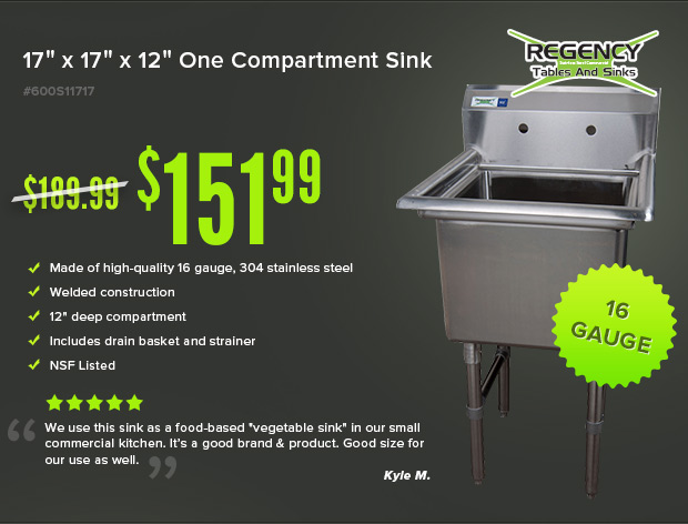 20% Off Regency One Compartment Sink!