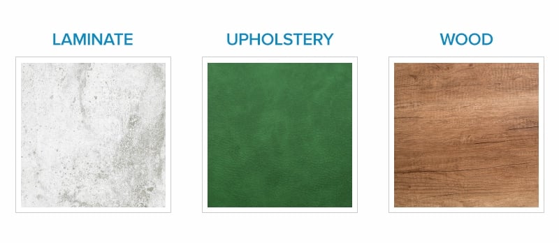 Close-up images of laminate, green upholstery, and wood material