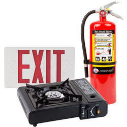 Emergency Supplies like a Exits sign, fire extinguisher, and gas stove