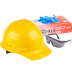 Safety Apparel like a hard hat, gloves, and glasses