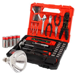 Emergency Tool kit, batteries, and light bulb